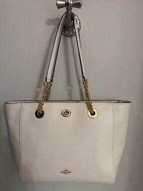 Coach Cream Pebbled Leather Tote with Gold Chain Straps